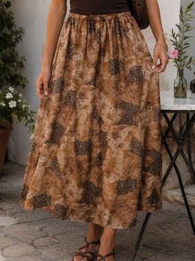 Vintage Pride & Joy Womens Size 14 Midi Skirt Leopard Floral Brown Made USA